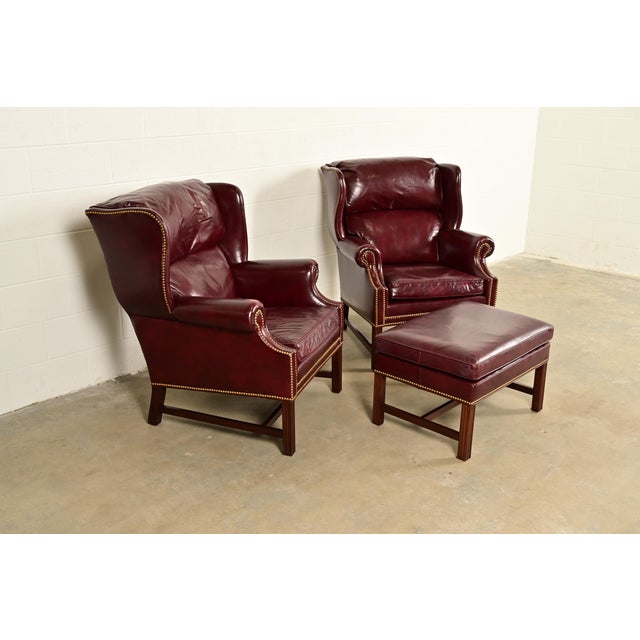 Hancock & Moore Hancock & Moore Chippendale Wingback Leather Lounge Chairs With Ottoman For Sale - Image 4 of 15