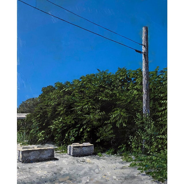 This oil on panel artwork captures a serene urban landscape, depicting a lush green bush against a bright blue sky, with...