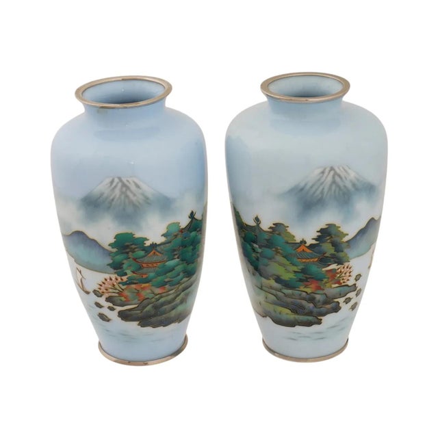 Blue Vintage Japanese Cloisonne Enamel Mount Fuji Vases For Sale - Image 8 of 8