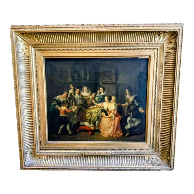 French 19th Century Genre Scene in an 18th Century Interior, Signed “Monfallet” and Dated 1853, Oil on Canvas. For Sale