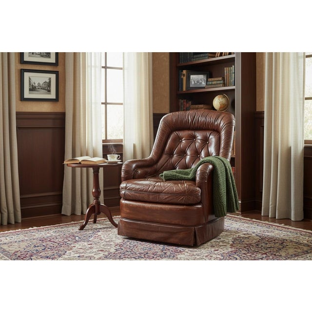A richly patinated vintage leather swivel lounge chair combining deep comfort with a distinctive sculptural silhouette....