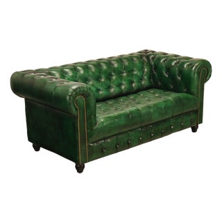 Chesterfield Style Green Leather Sofa For Sale