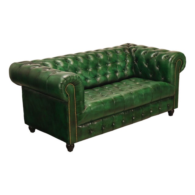 Chesterfield Style Green Leather Sofa For Sale