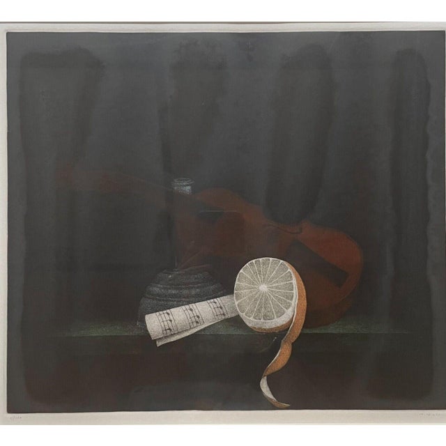 1970s Original Tomoe Yokoi 'orange and Violin' Still Life Signed Ltd Ed Mezzotint For Sale - Image 5 of 11