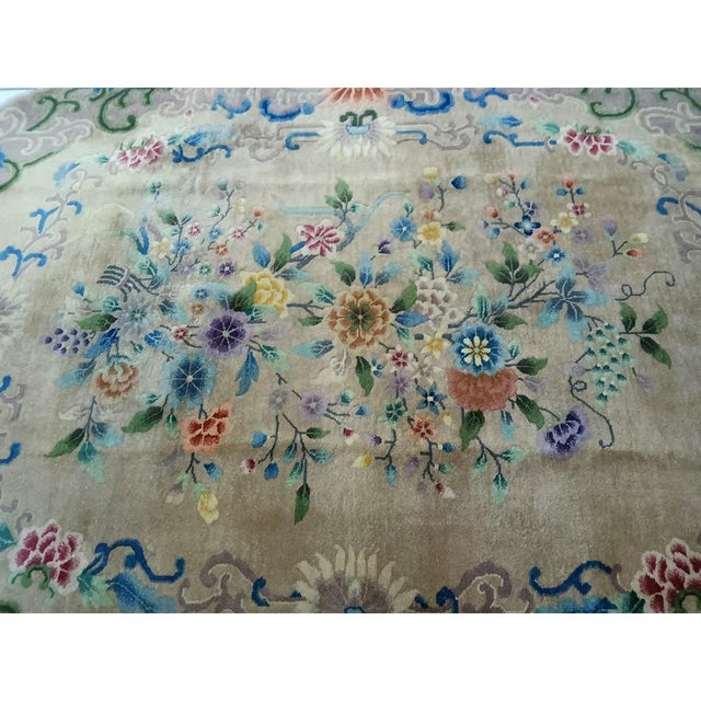1920s Sand Field Floral Modern Antique Chinese Art Deco Oval Room Size Wool Rug For Sale - Image 4 of 7