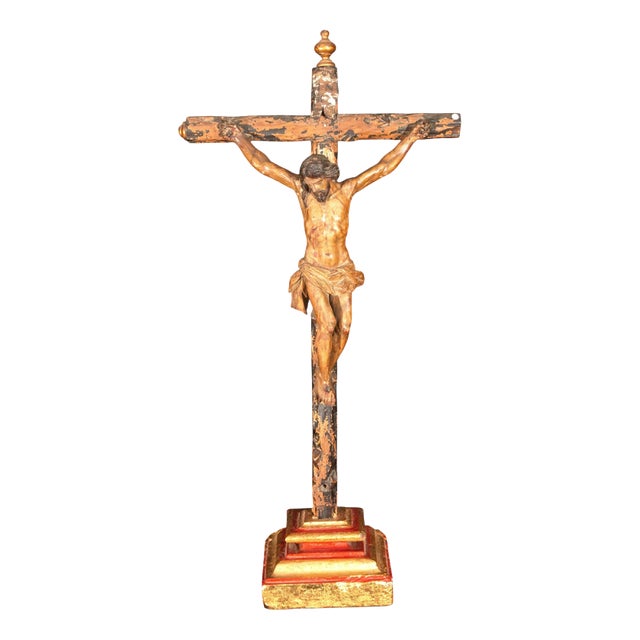 Spanish Baroque Carved Polychrome Crucifix, 1600s For Sale