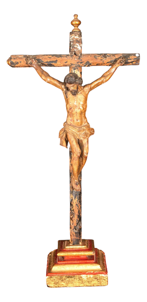 Spanish Baroque Carved Polychrome Crucifix, 1600s