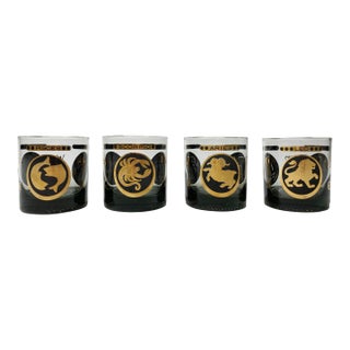 Vintage MCM Smoked Glass Gold Gilt Zodiac Lowball Glasses, Set of 4 For Sale