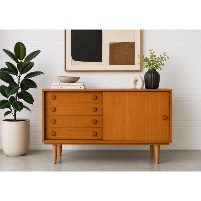 Mid Century Modern Danish sideboard by Domino Møbler, crafted in beautifully figured oak with lovely wood grain and clean...