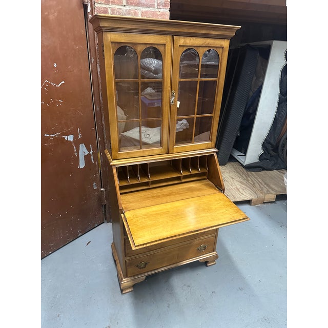 20th Century Vintage Maple Slant Front Secretary Desk With Bookcase For Sale - Image 4 of 13