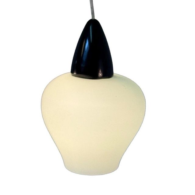 Vintage MCM Pendant Light in Semi Translucent White Glass and Red Top by Louis Kalff, 1950s For Sale - Image 4 of 9