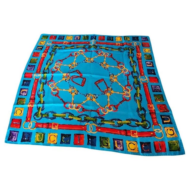 AMBIANIC presents Gucci Italian Silk Scarf colorful Turquoise equestrian theme approximately 35 inches x 34 Preowned...