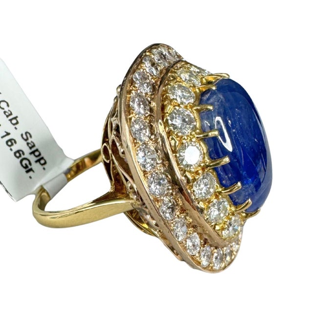 19.49 CTW Mid-Century No Heat Burmese Sapphire & Diamond 18k Gold Ring, Size 8 For Sale - Image 4 of 11