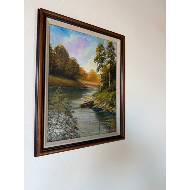 Mid-Century Modern 1995 Vintage River Landscape Oil on Masonite Painting, Signed & Framed For Sale - Image 3 of 12