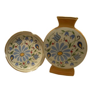 Vintage 1960s Painted Ceramic Vase & Matching Plate with 14k Gold Trim From Poland - Set of 2 For Sale