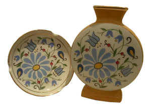 Vintage 1960s Painted Ceramic Vase & Matching Plate with 14k Gold Trim From Poland - Set of 2