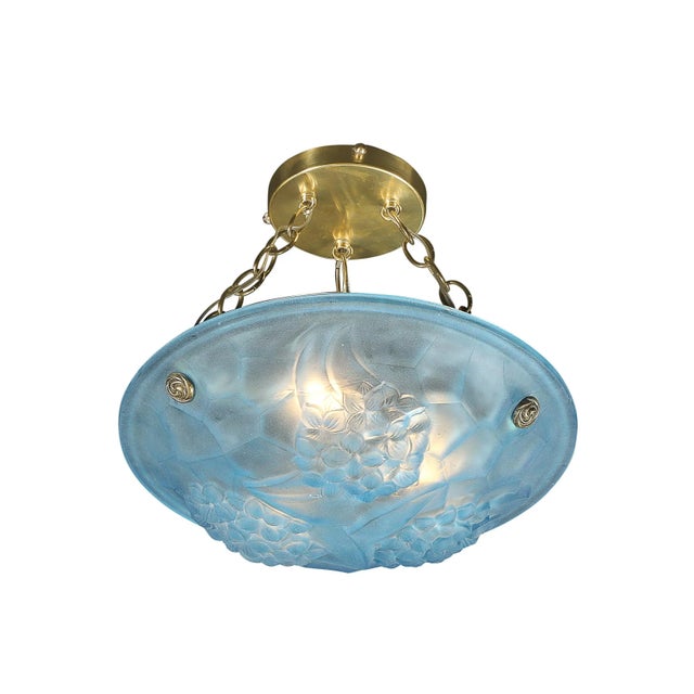 This strikingly colored and elegant Art Deco Frosted Blue Glass Pendant Chandelier W/ Brass Fittings Signed ROC by Degué...