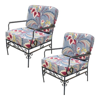 Vintage Pair of Woodard Collection Floral Cushion Wrought Iron Patio Armchairs For Sale