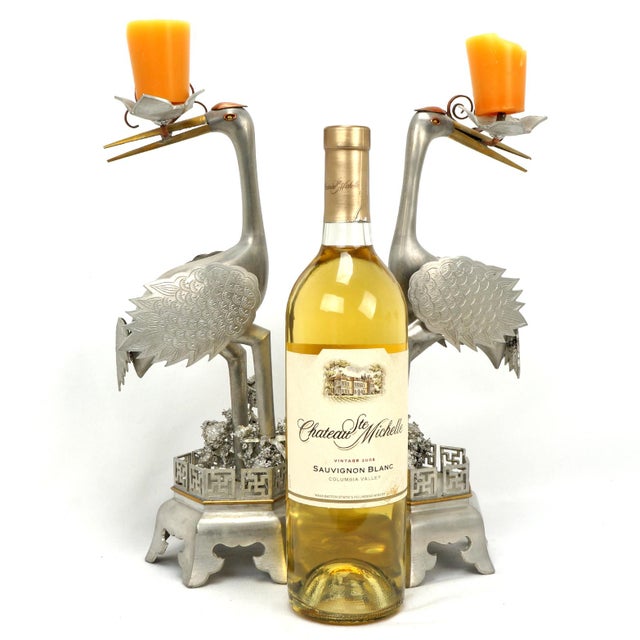 Pair Chinese Mixed-Metal Pewter Crane Sculptures Candlesticks For Sale - Image 4 of 12