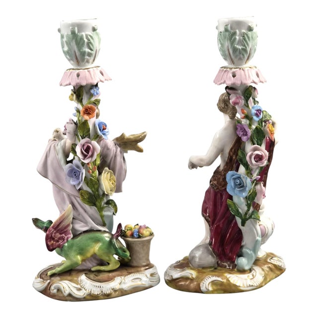 Allegorical Porcelain Candlesticks by Volkstedt R. Eckert and Co, 1895, Set of 2 For Sale - Image 3 of 11