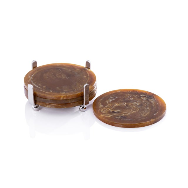 Spiga 4-Piece Set Amber Coasters on Nickel Stand For Sale - Image 4 of 4