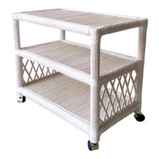 Boho Chic Twisted Pencil Reed Rattan Whitewash Bar Cart For Sale