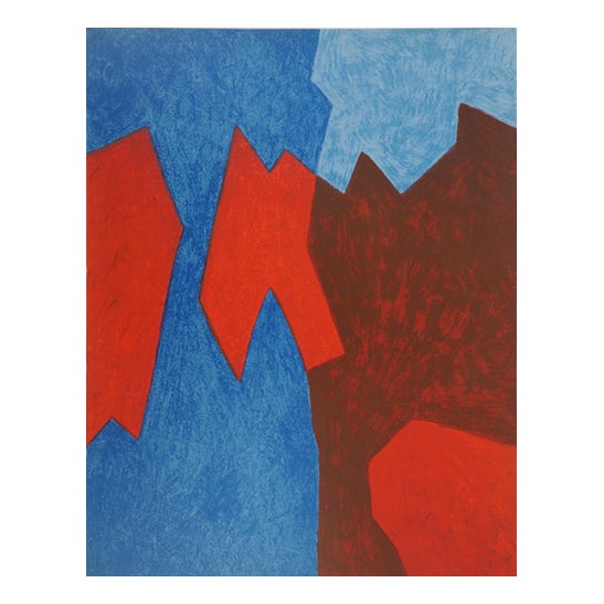 Serge Poliakoff, Blue and Red Composition, Original Lithograph For Sale