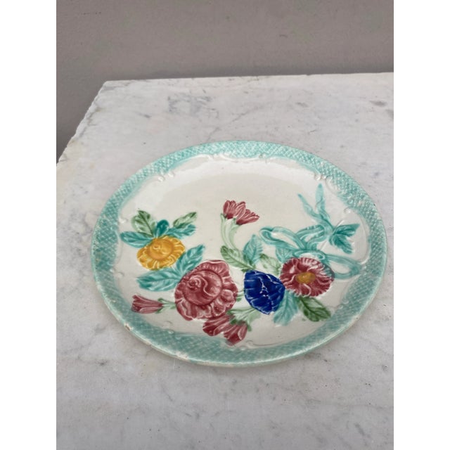 French Majolica Roses & Flowers Plate Salins, Circa 1890.