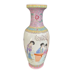 Chinese Famille Rose Porcelain Vase With Women in Garden Scene and Calligraphy