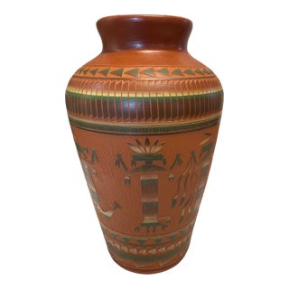 1990s Large Navajo Sgraffito Redware Vase With Depictions of Kachinas For Sale