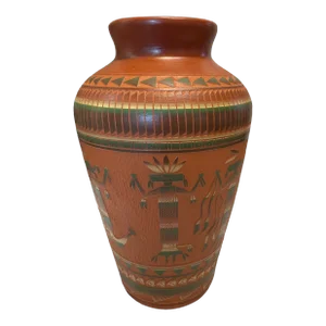 1990s Large Navajo Sgraffito Redware Vase With Depictions of Kachinas