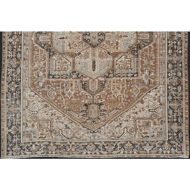 Persian Antique Heriz Rug With Geometric Design in Blue's, Tan, Cream, and Brown 11'5 X 14'7 For Sale - Image 4 of 17