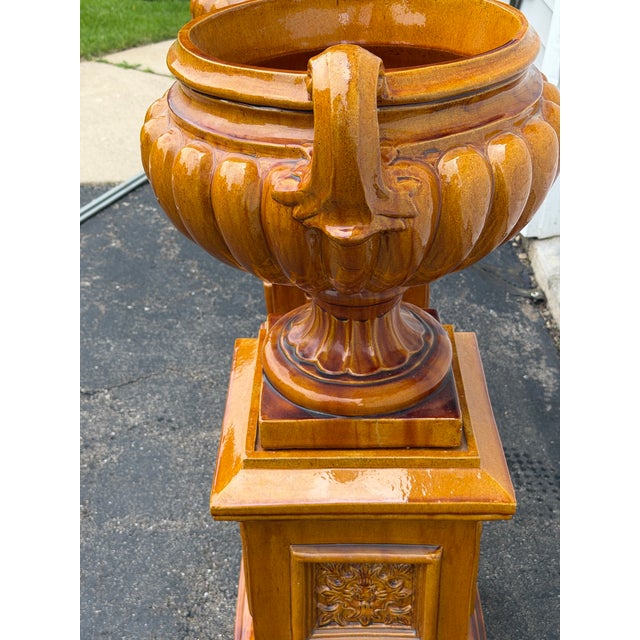 Sienna Monumental Glazed Ceramic Campana Urns on Pedestals 42" a Pair For Sale - Image 8 of 12