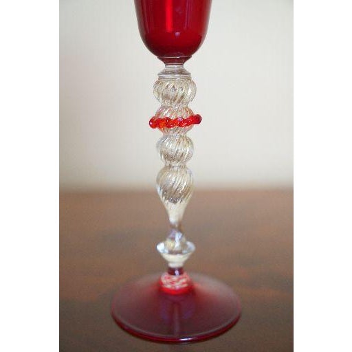 Mid 20th Century Italian Ruby Red Murano-Style Art Glass Flute With Twisted Gold Aventurine Stem For Sale In New York - Image 6 of 7