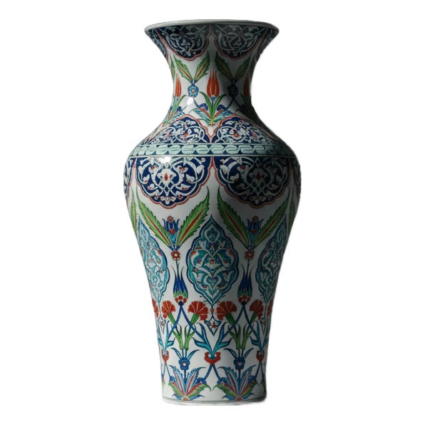 Handmade Monumental Iznik Floor Vase (50cm) – Palace Style Rumi & Tulip Medallions – Ottoman Court Art For Sale