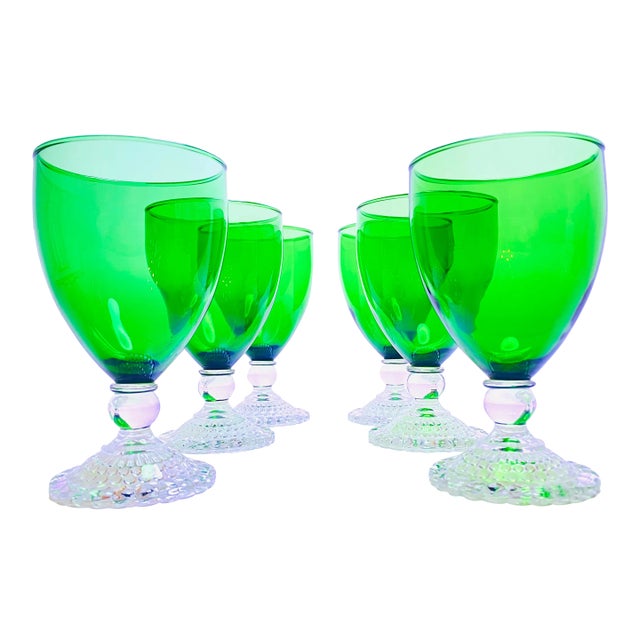 Vintage 1950's Forest Green Water Tumbler/Goblet Wine Glass With Clear Bubble Feet- Set of 6 For Sale