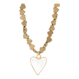 White Heart Pendant Gold Hematite Stone Heart Shape Chain Necklace For Sale