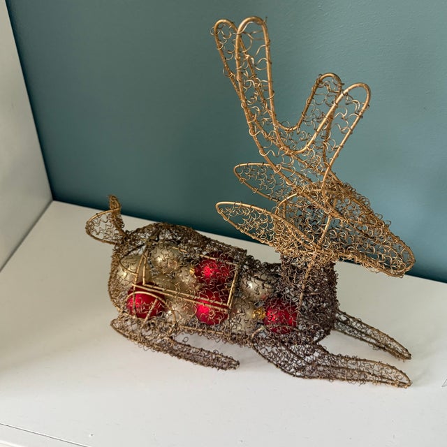 Metal Large Vintage Goldtone Metal Cage Woven Wire Reindeer Holiday Decoration For Sale - Image 7 of 7