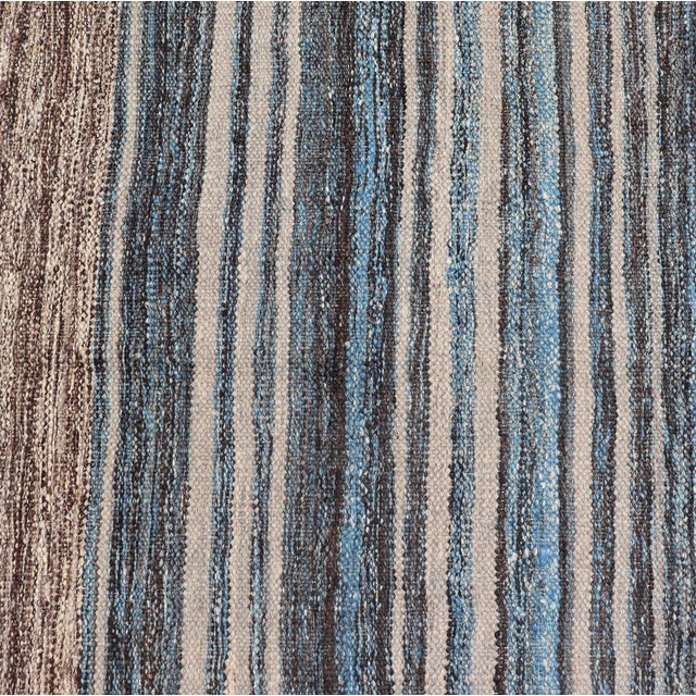 Textile Modern Tribal Kilim Runner in Denim Blue, Brown, and Ivory Striped Design For Sale - Image 7 of 11