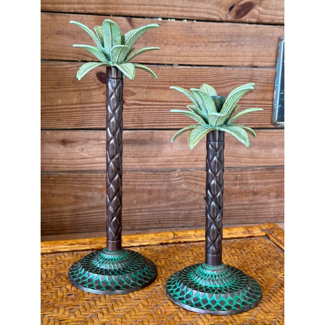Coastal Metal Patinated Palm Tree Candle Holders-Pair For Sale - Image 9 of 11
