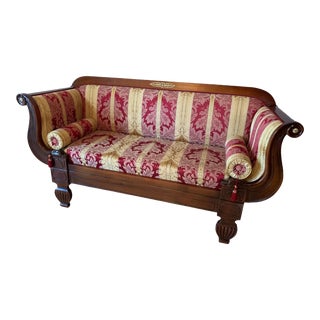Late 20th Century Vintage French Empire Settee With Hand Carved Fruitwood Frame and Damask Upholstery by Italian Designer Morello Gianpaolo For Sale