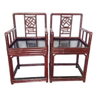 Antique Qing Dynasty Chinoiserie Fretwork Bamboo Rose Chairs a-Pair For Sale