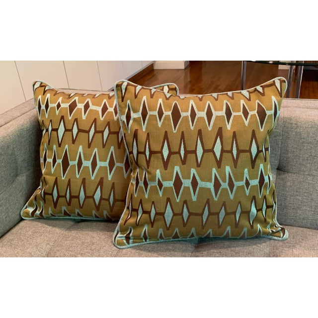 Geometric Design Pair of Satin Tapestry Square Pillows With Velvet Backing For Sale - Image 4 of 6