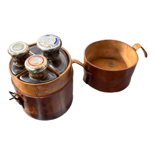 19th C. English Crown Leather Travel Flask With Silver, Crystal, Enamel Details For Sale