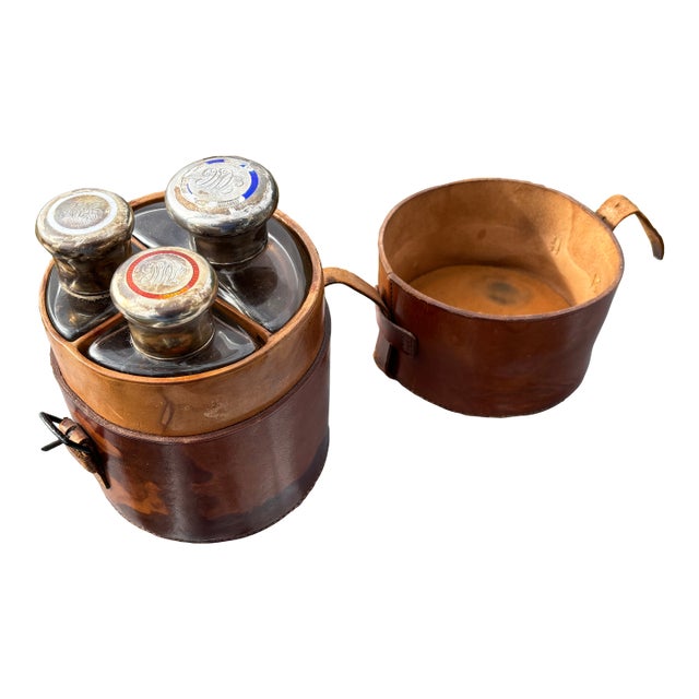 19th C. English Crown Leather Travel Flask With Silver, Crystal, Enamel Details For Sale