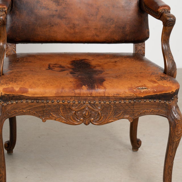 Pair of 20th Century French Oak Armchairs With Vintage Leather For Sale - Image 12 of 18