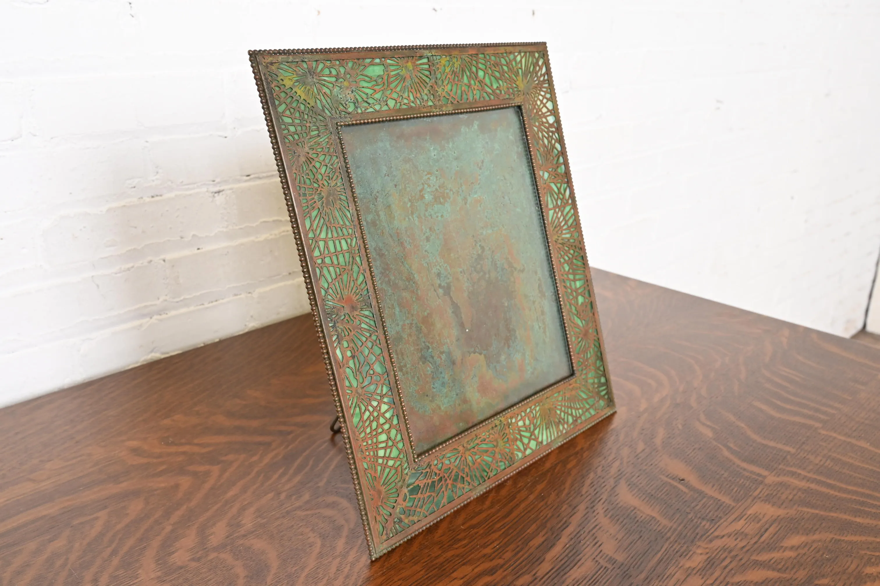 Tiffany Studios New York Pine Needle Bronze and Green Slag Glass