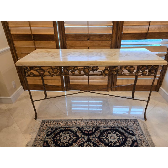 Stunning Wrought Iron Console Table of Fruits and Twisted Branch Feet sold as found in veryu good condition.