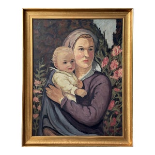 Late 20th Century Large Scandinavian Expressionist Portrait of a Mother & Child in a Swirling Landscape For Sale