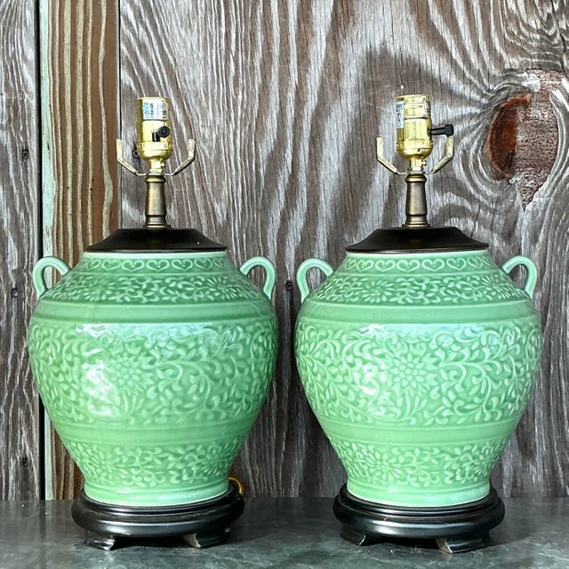 Vintage Boho Glazed Ceramic Lamps - a Pair For Sale In West Palm - Image 6 of 7